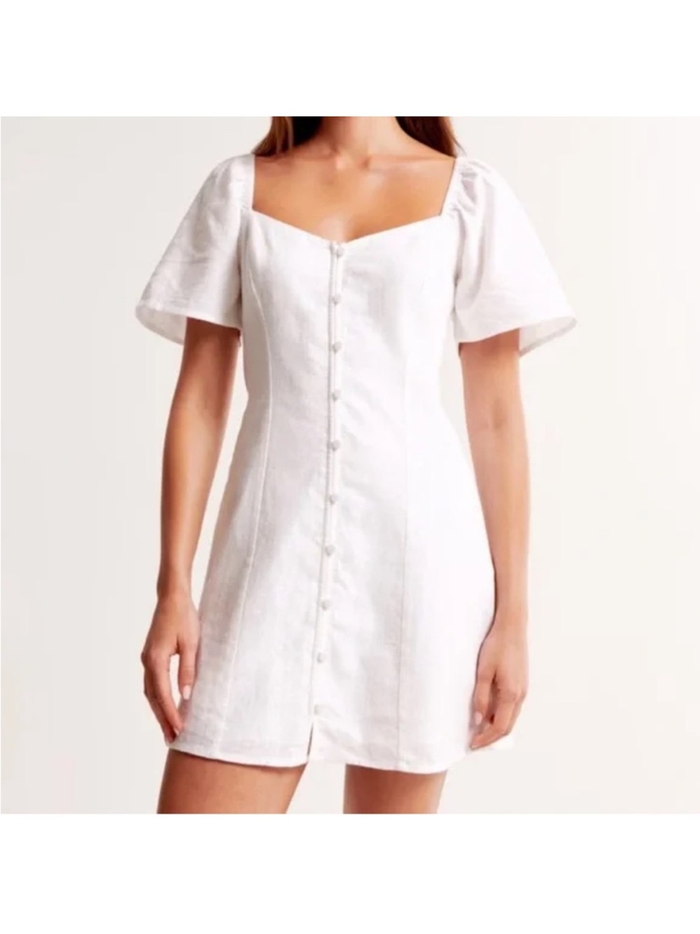 Abercrombie & Fitch White Linen Button-Front Square Neck Mini Dress
